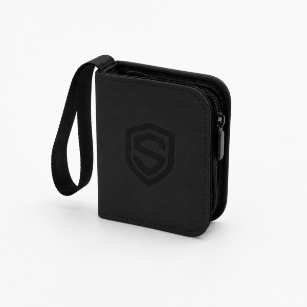 Slab Minibind mini card binder in black with embossed SlabShield crest, zip closure and strap handle