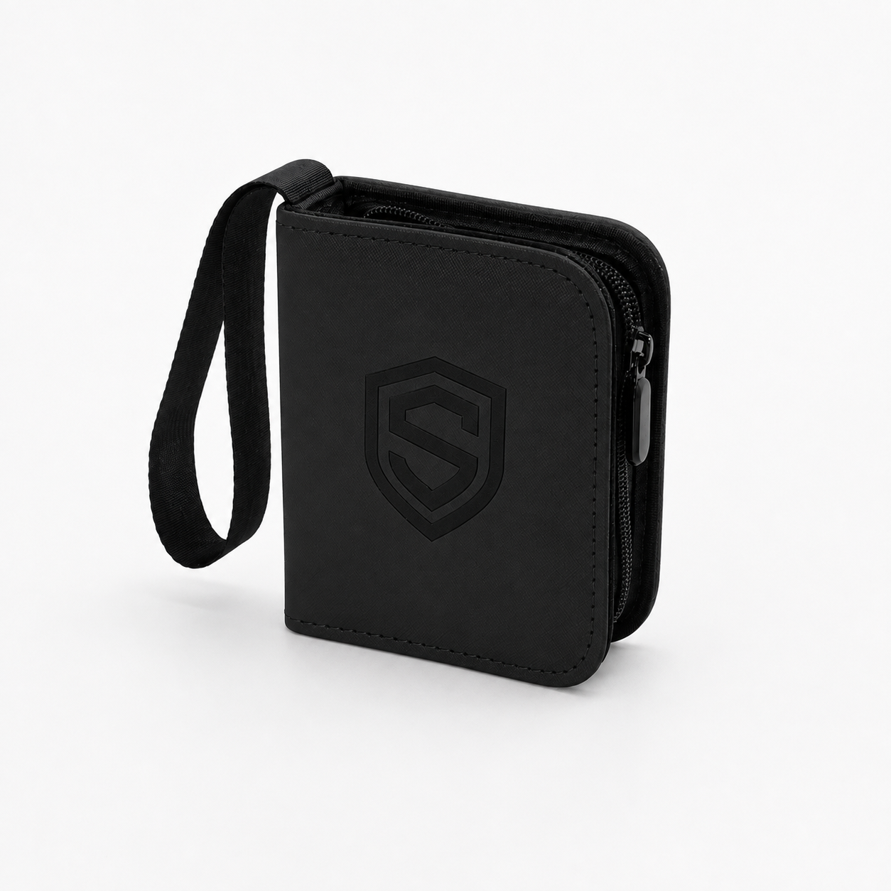 Slab Minibind mini card binder in black with embossed SlabShield crest, zip closure and strap handle